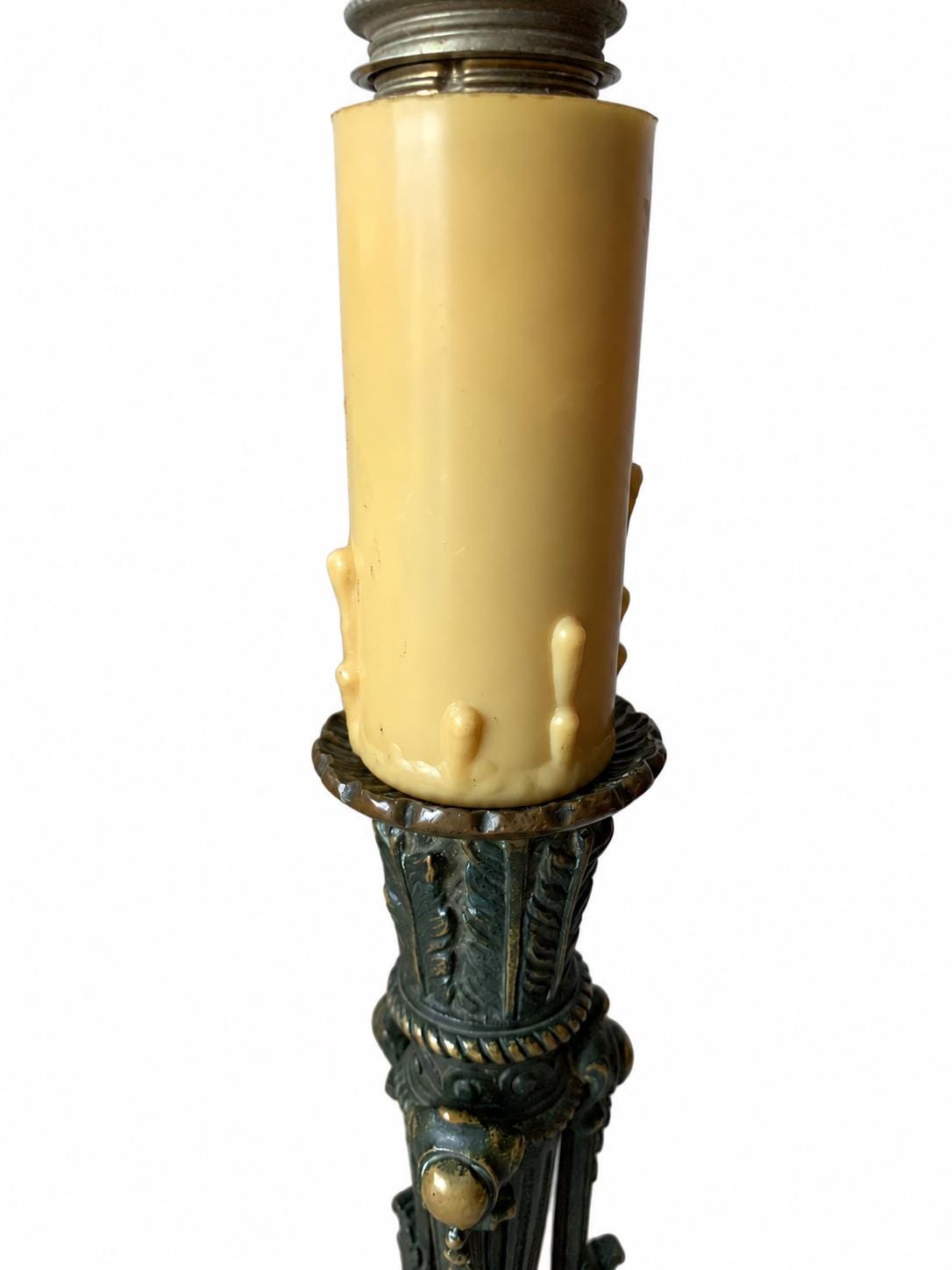 Empire-Style Patinated and Gilt Metal Table Lamp, Dolphin Tripod on Lion-Paw Base, Converted Candelabra