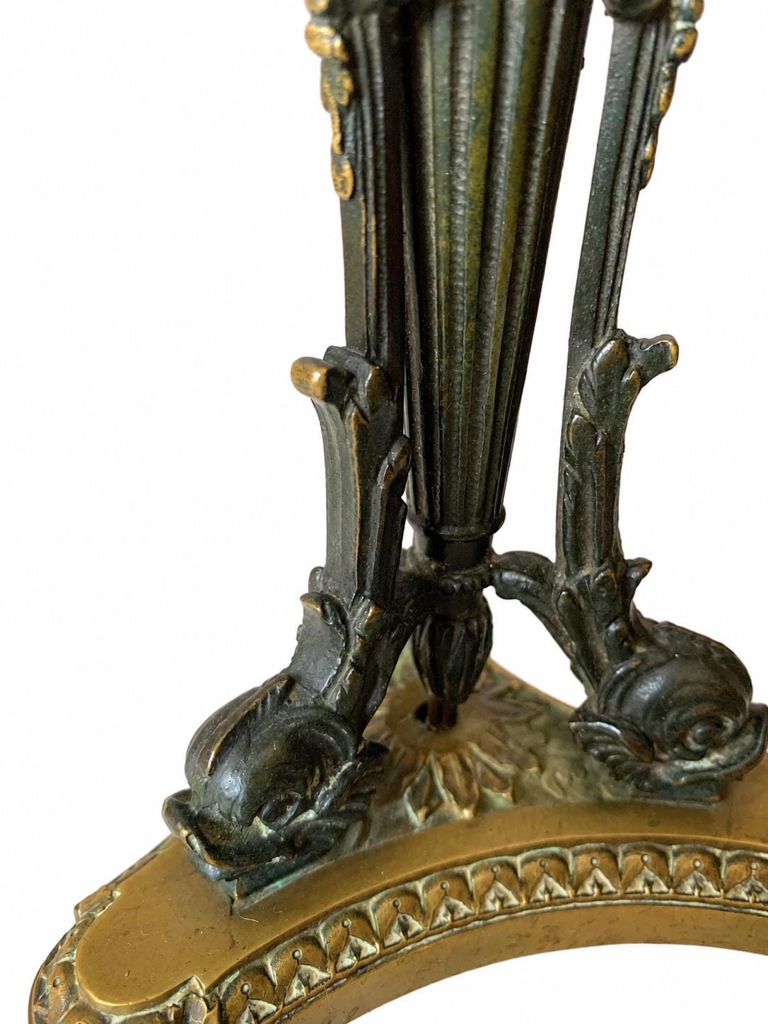 Empire-Style Patinated and Gilt Metal Table Lamp, Dolphin Tripod on Lion-Paw Base, Converted Candelabra