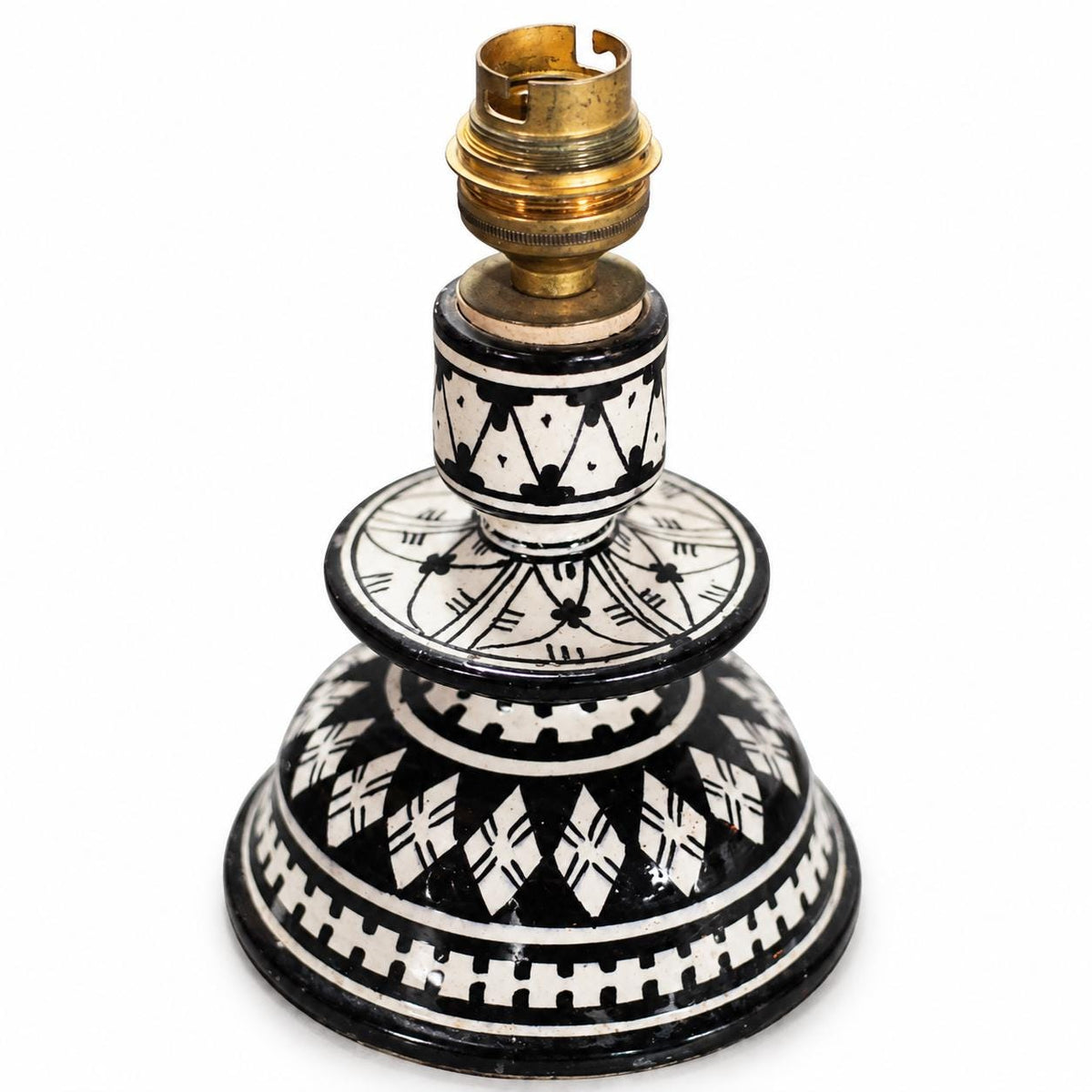 Moroccan Safi Glazed Ceramic Lamp Base, Black and White Geometric Pattern, Bedside Lamp