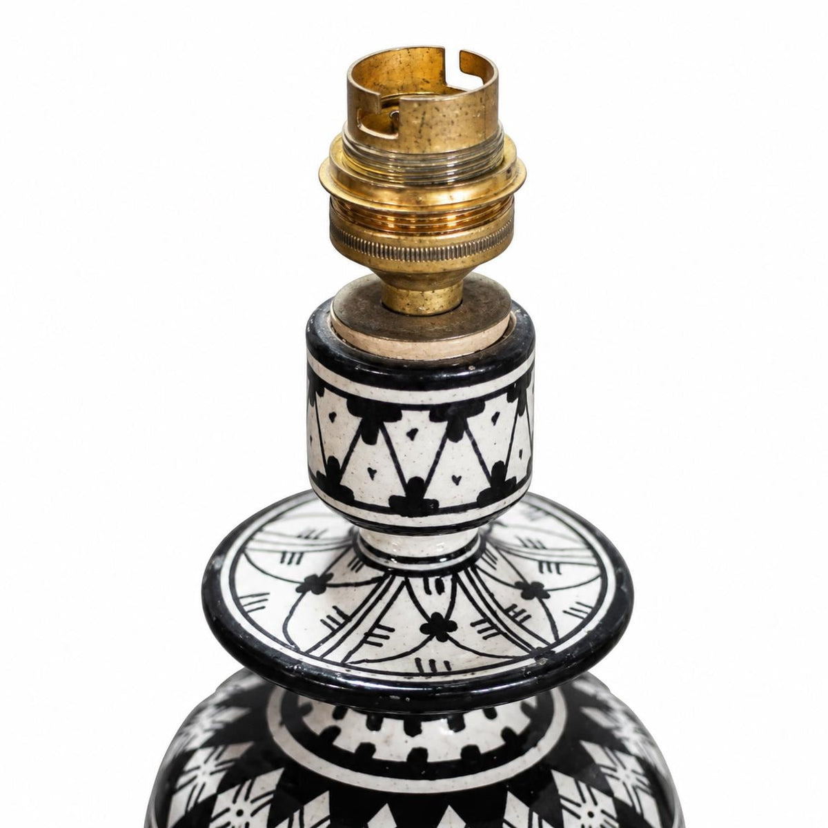 Moroccan Safi Glazed Ceramic Lamp Base, Black and White Geometric Pattern, Bedside Lamp