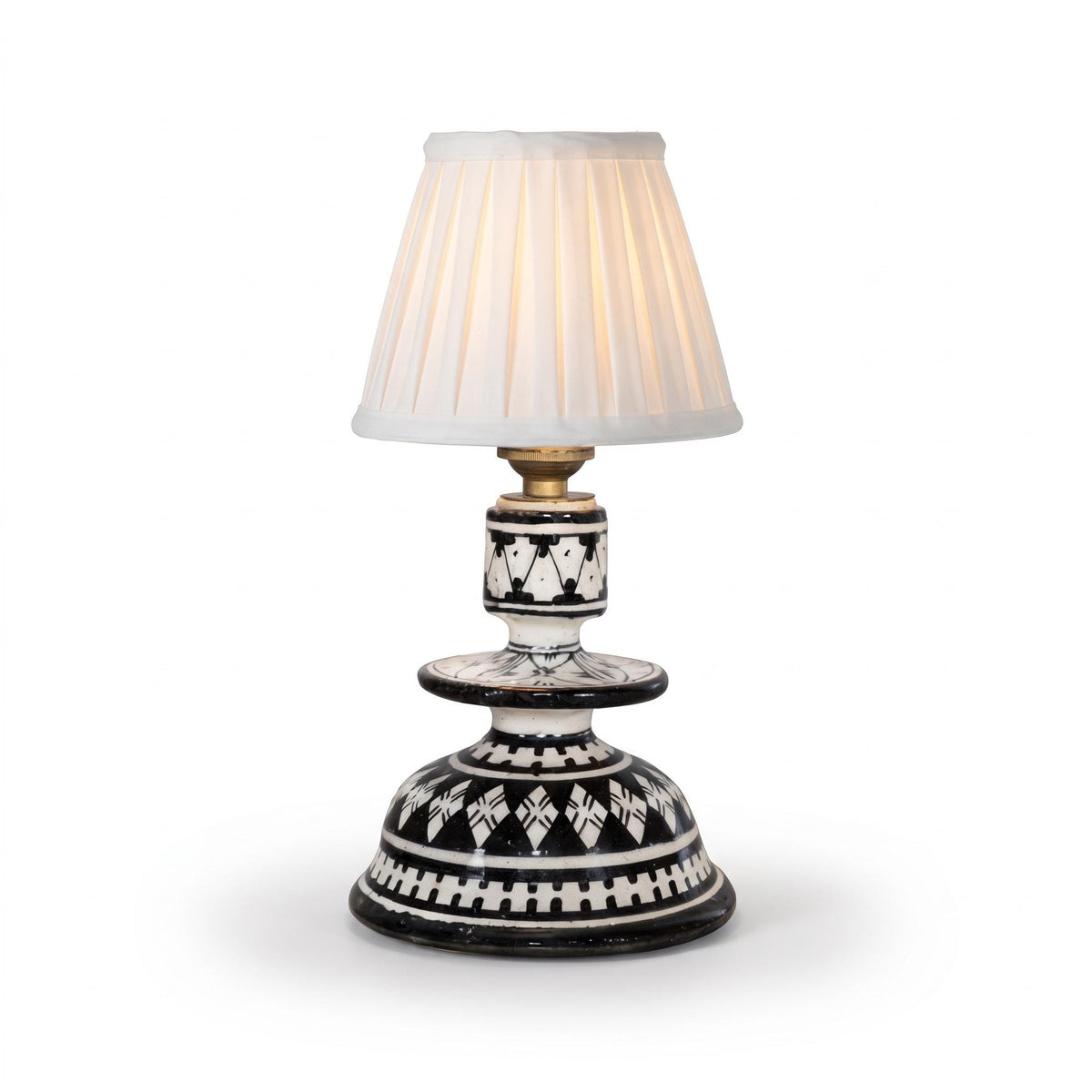 Moroccan Safi Glazed Ceramic Lamp Base, Black and White Geometric Pattern, Bedside Lamp