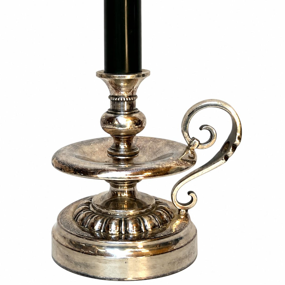 Silvered Metal Candlestick-Form Table Lamp, Scrolled Handle, Beaded and Gadrooned Detail