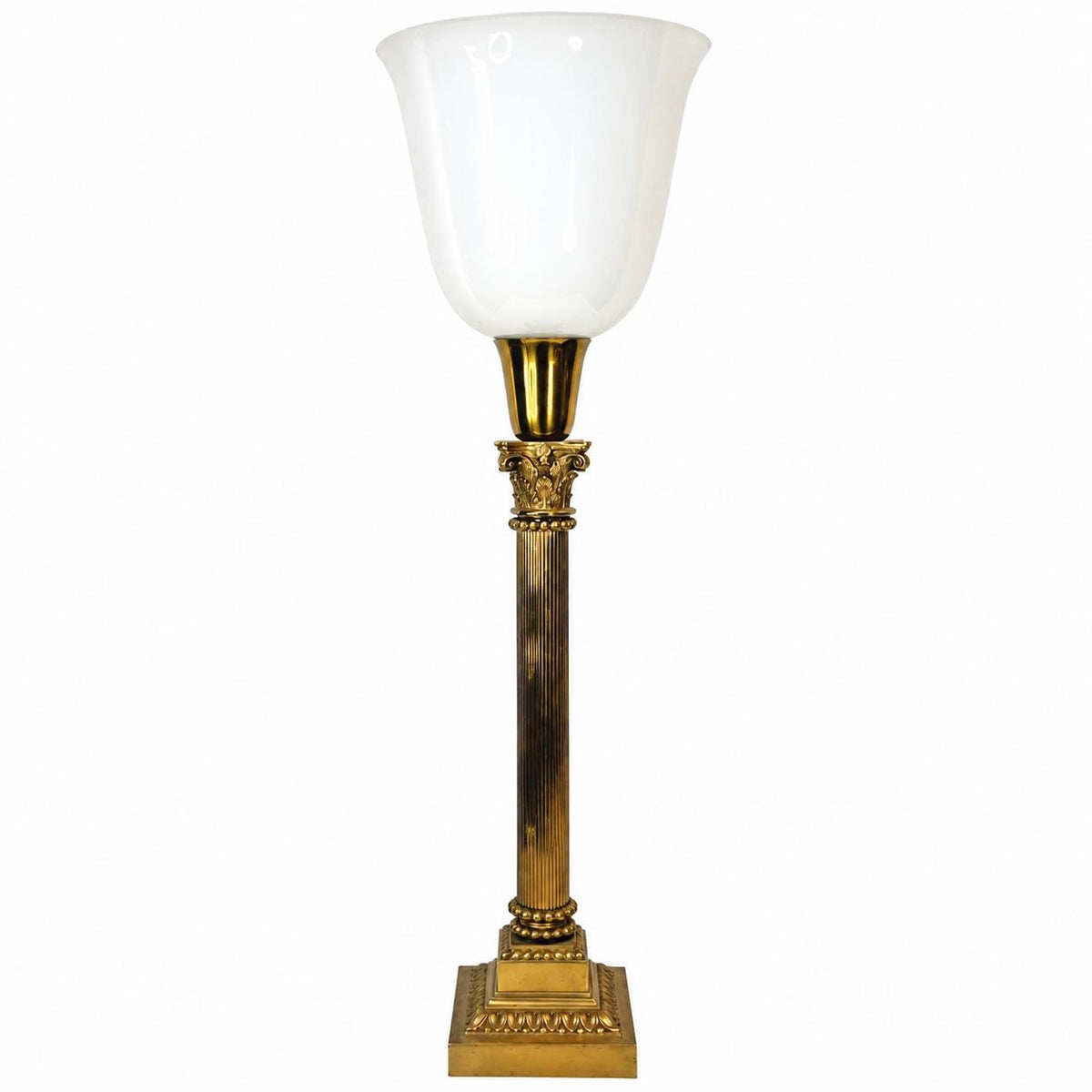 Gilt Metal Corinthian Column Lamp, White Opaline Glass Torchère Shade
