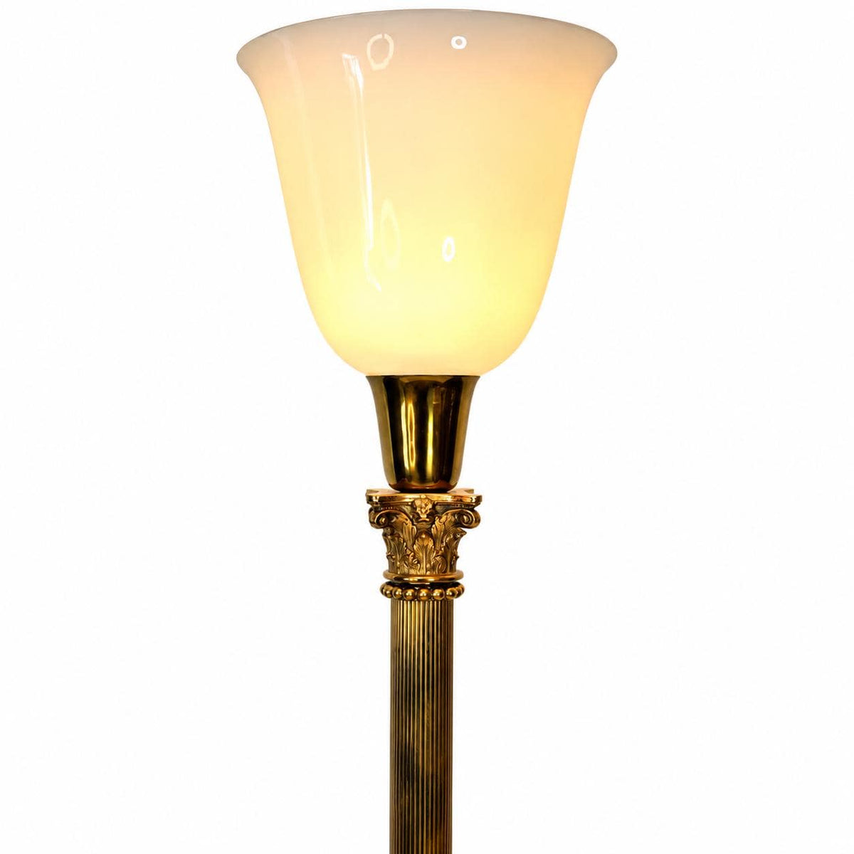 Gilt Metal Corinthian Column Lamp, White Opaline Glass Torchère Shade