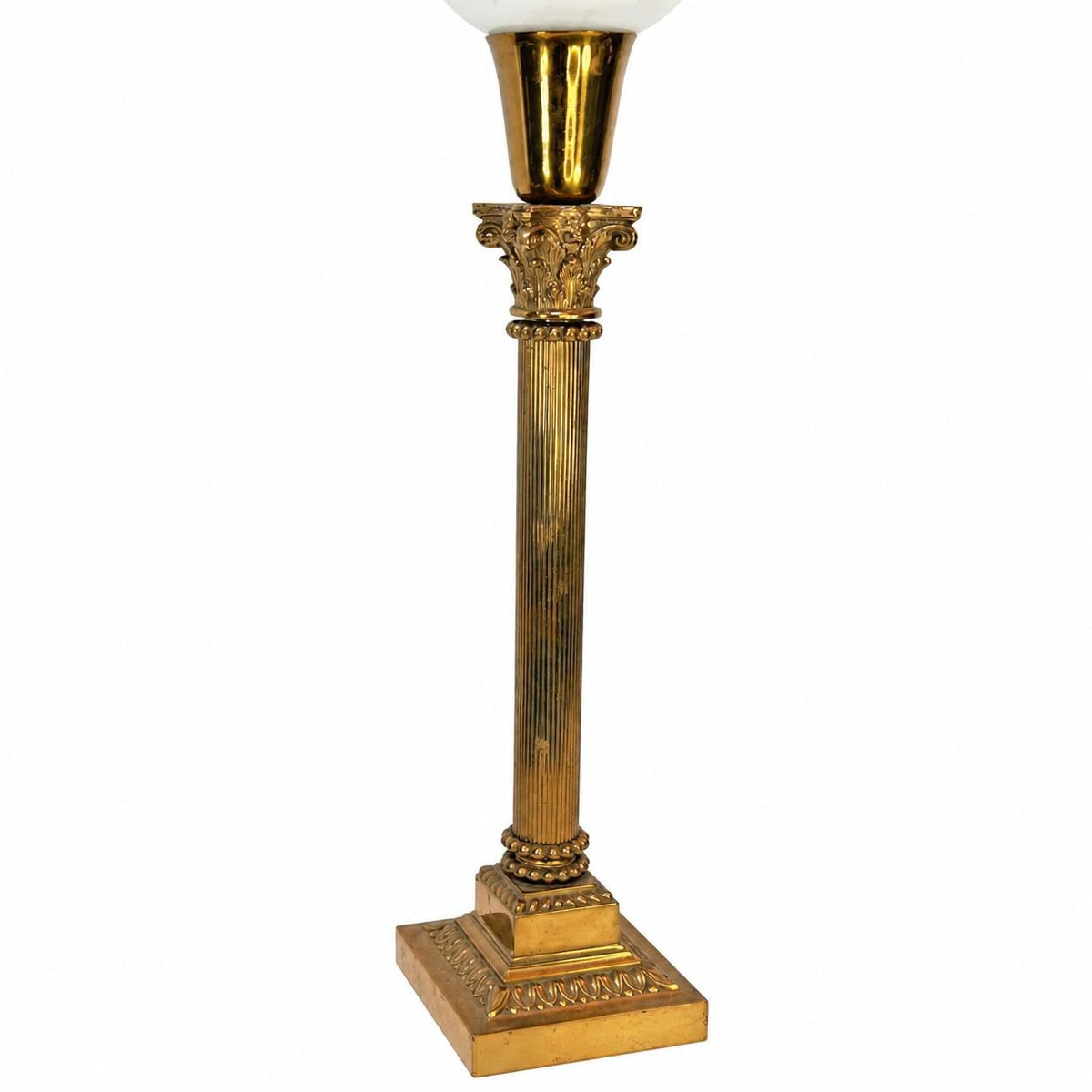 Gilt Metal Corinthian Column Lamp, White Opaline Glass Torchère Shade