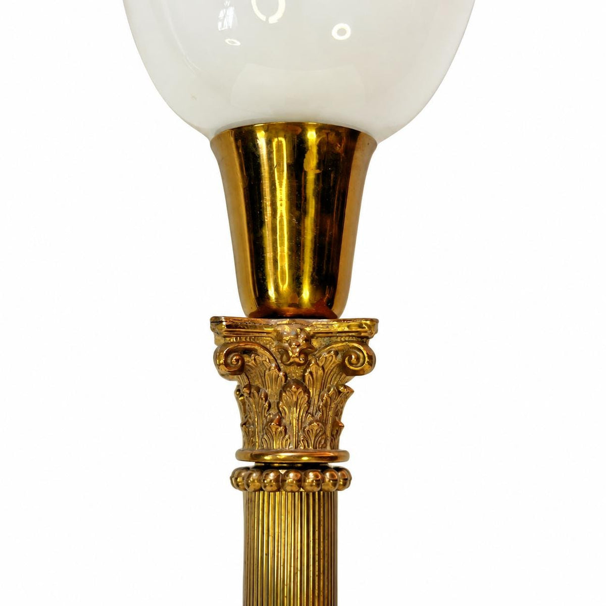 Gilt Metal Corinthian Column Lamp, White Opaline Glass Torchère Shade
