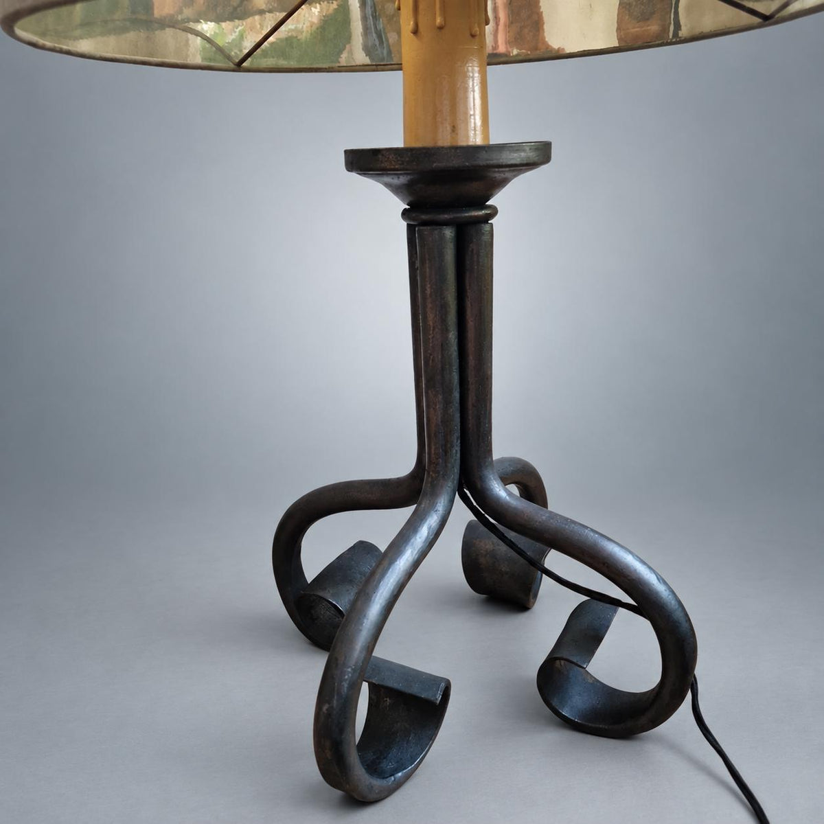 Vintage Brutalist Wrought Iron Table Lamp, Woven Cane Shade — France, circa 1970