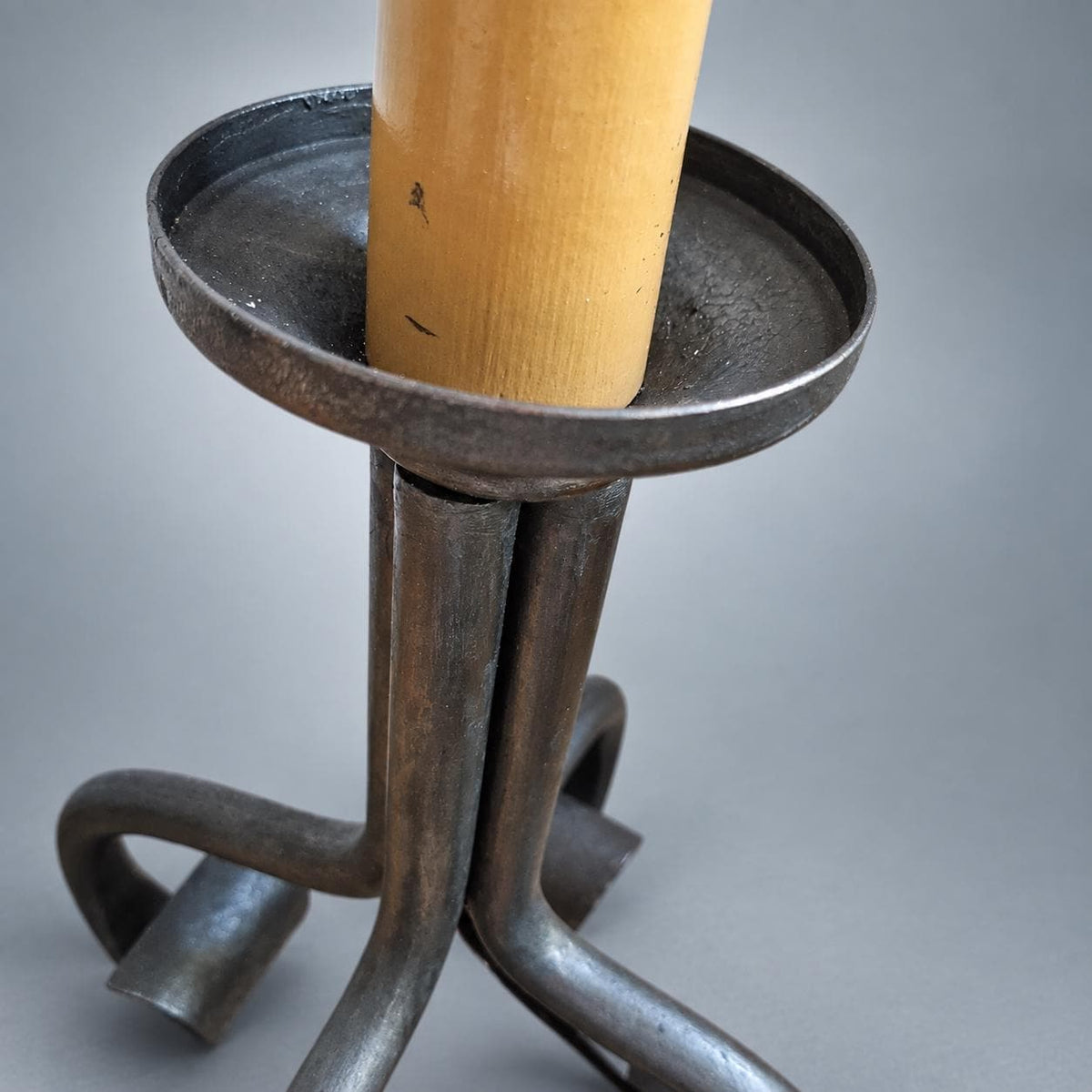 Vintage Brutalist Wrought Iron Table Lamp, Woven Cane Shade — France, circa 1970