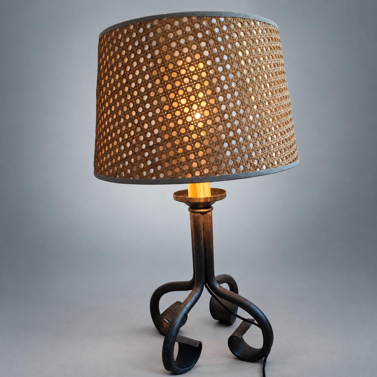 Vintage Brutalist Wrought Iron Table Lamp, Woven Cane Shade — France, circa 1970