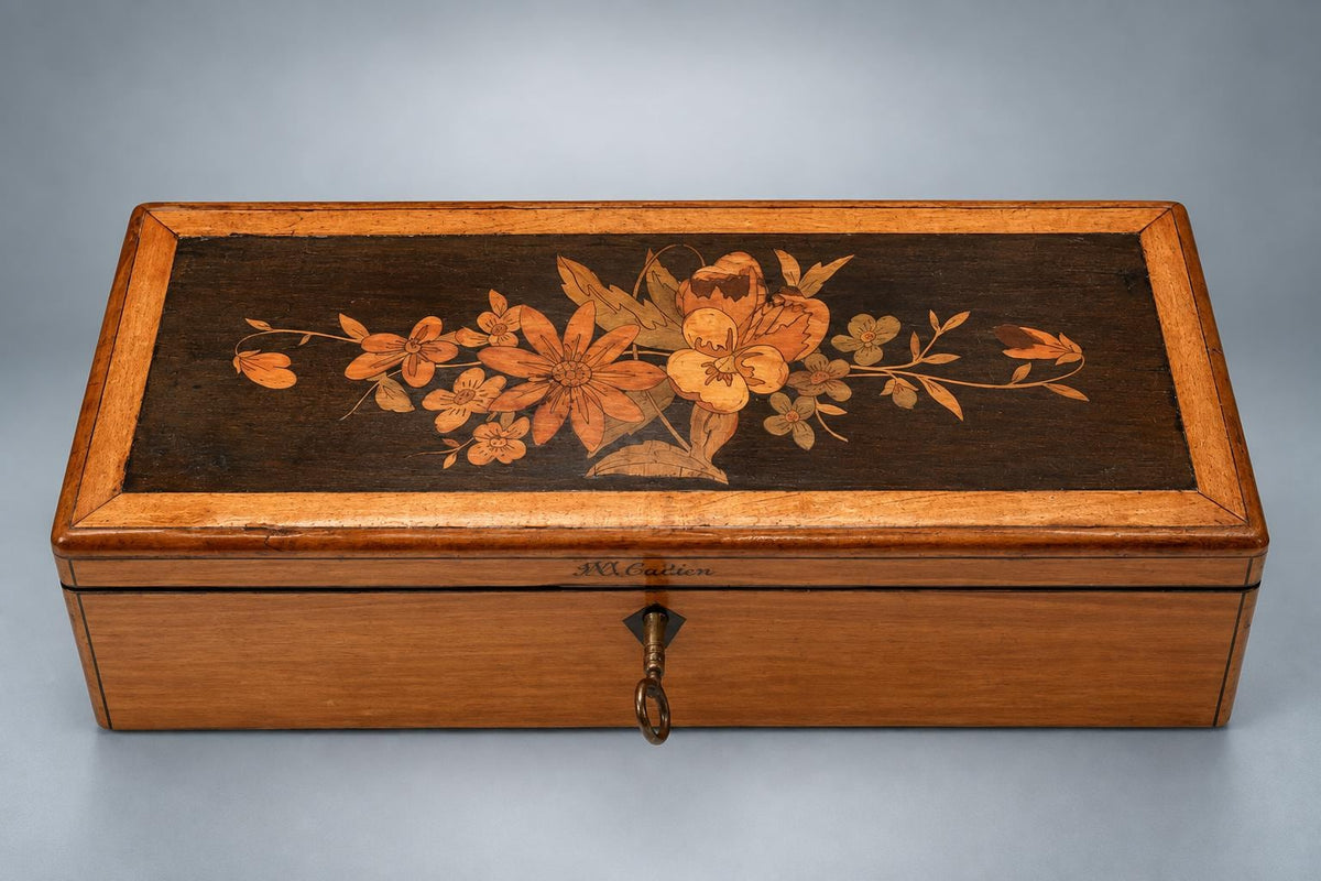 Antique French Marquetry Wood Glove Box, Floral Inlay, Napoleon III Louis Philippe Style — France, 19th Century