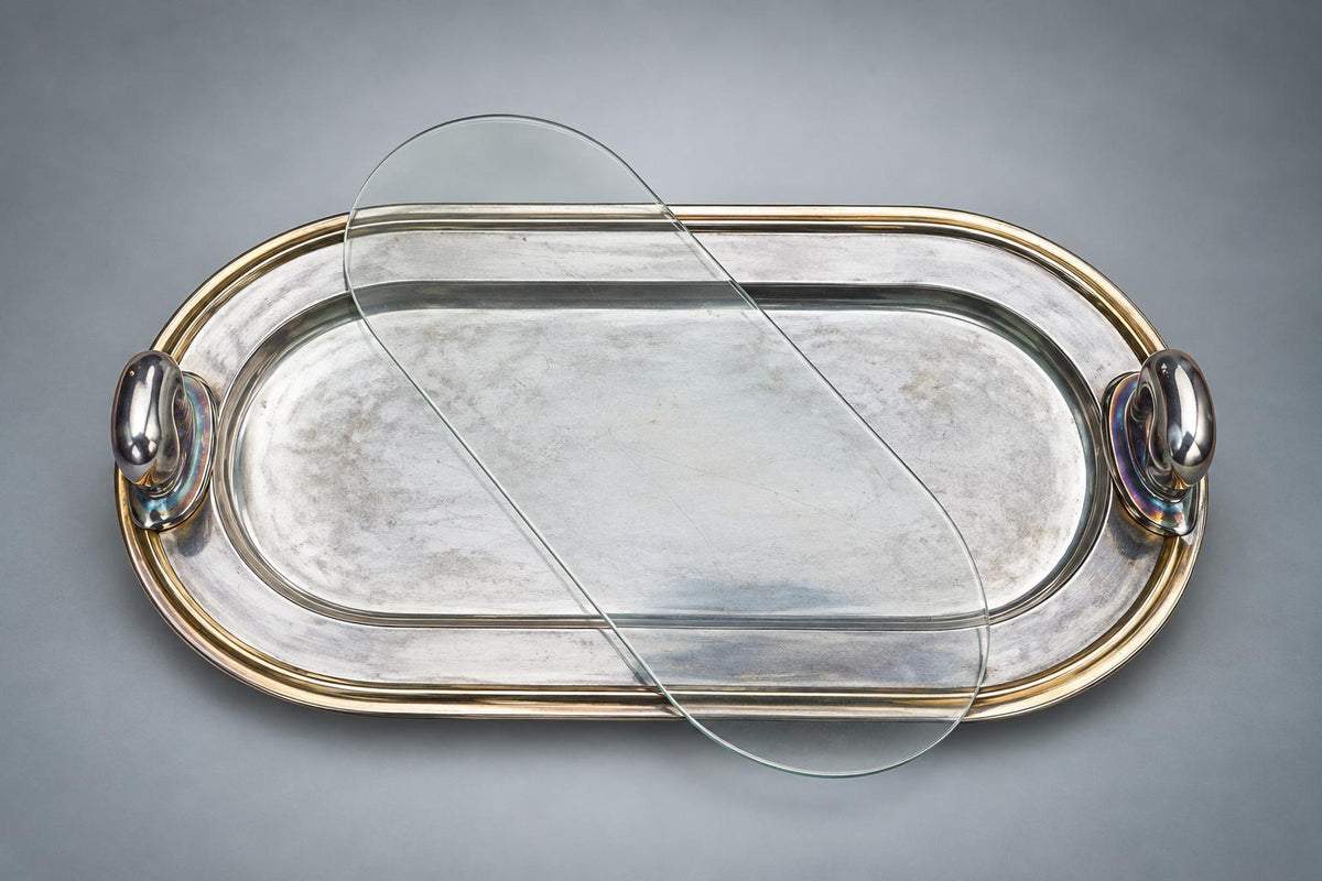Vintage Silvered Metal Tray with Swan Figure, Oval Serving Dish — Europe, Vintage