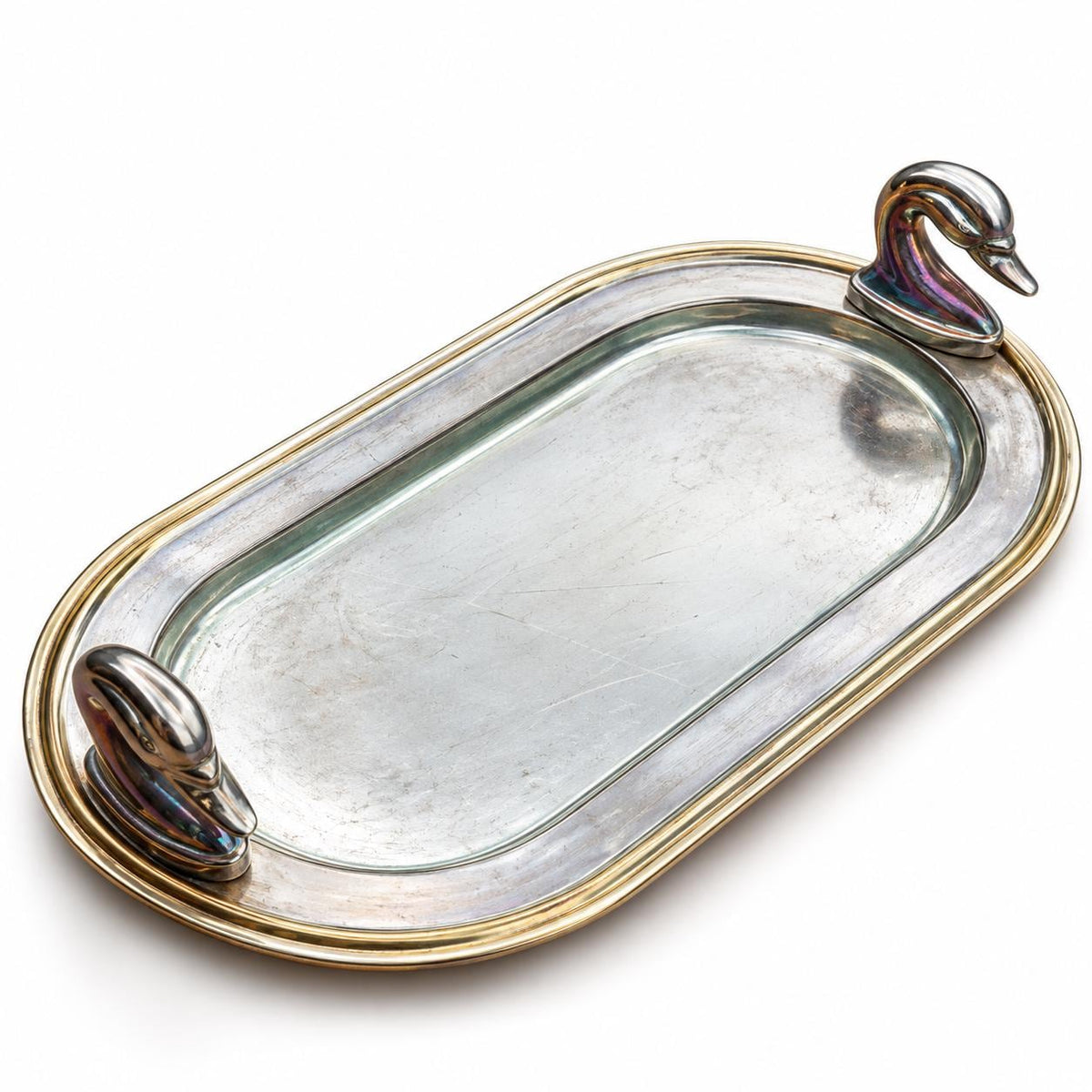 Vintage Silvered Metal Tray with Swan Figure, Oval Serving Dish — Europe, Vintage