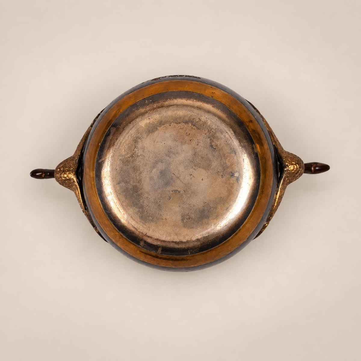 Vintage Brass and Silvered Metal Bowl, Swan Handles, Striped Two-Tone Body — Europe, mid-20th Century