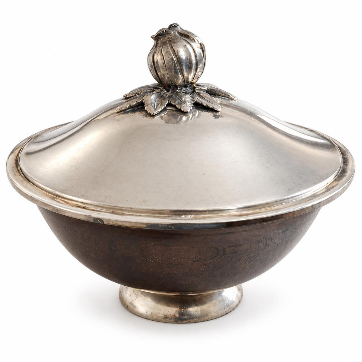 Silver-Plated Lidded Bonbonnière, Pomegranate Finial, Footed Bowl — Europe, Vintage