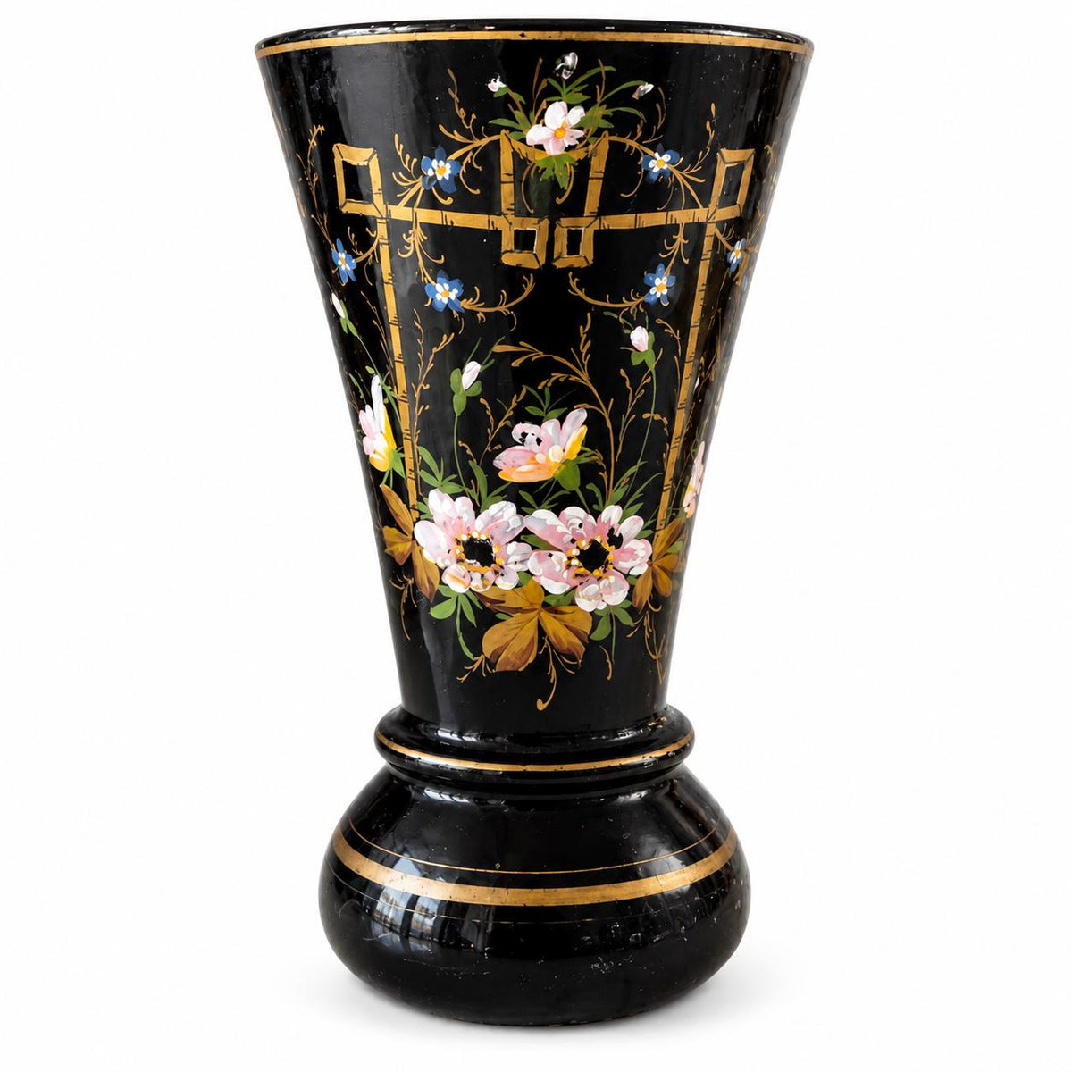 Antique French Black Opaline Glass Vase, Hand-Painted Flowers and Gilt Trellis, Napoleon III — France, 19th Century