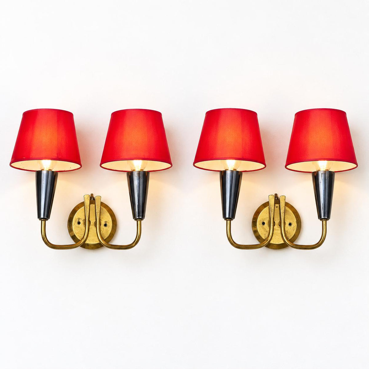 Pair of French Brass Wall Sconces, Two-Arm with Red Shades — France, Mid-20th Century
