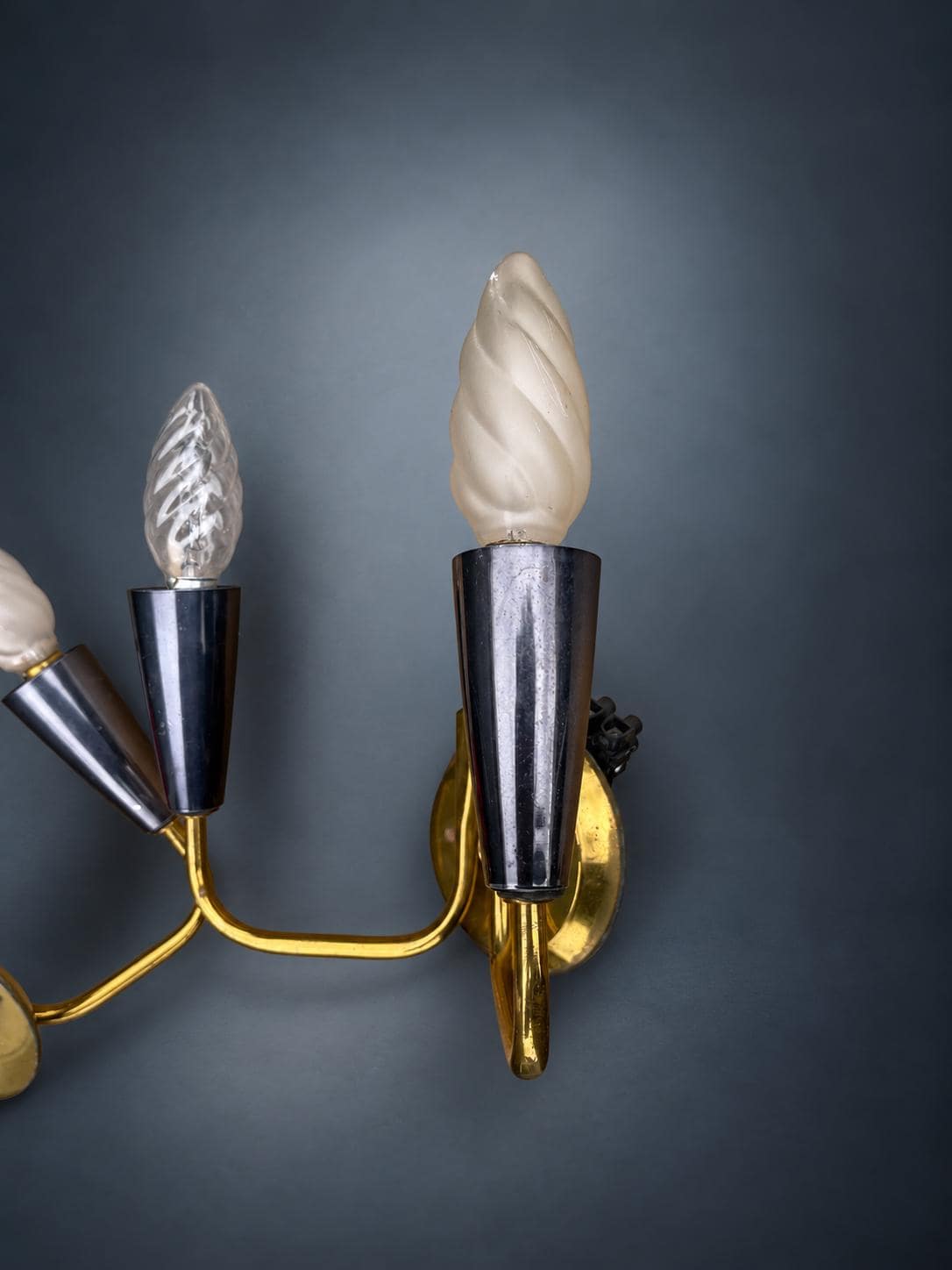 Pair of French Brass Wall Sconces, Two-Arm with Red Shades — France, Mid-20th Century