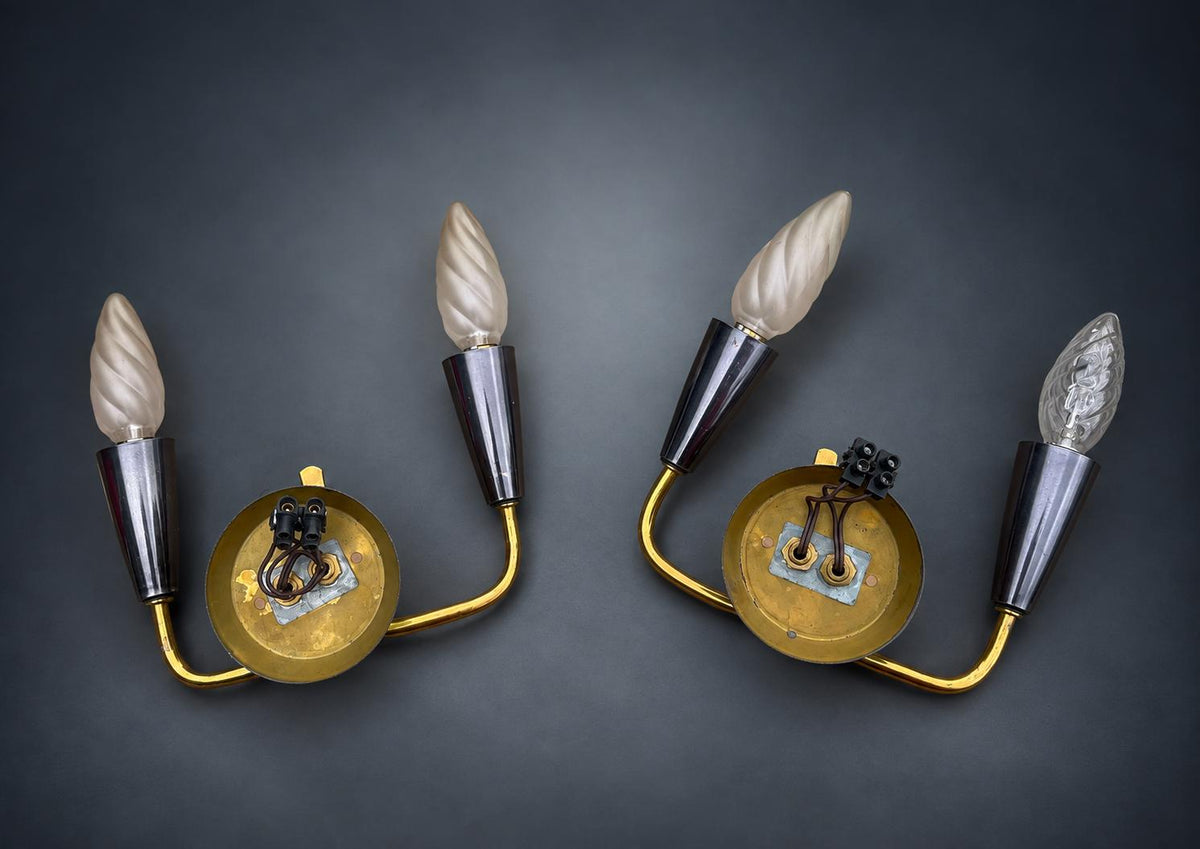 Pair of French Brass Wall Sconces, Two-Arm with Red Shades — France, Mid-20th Century