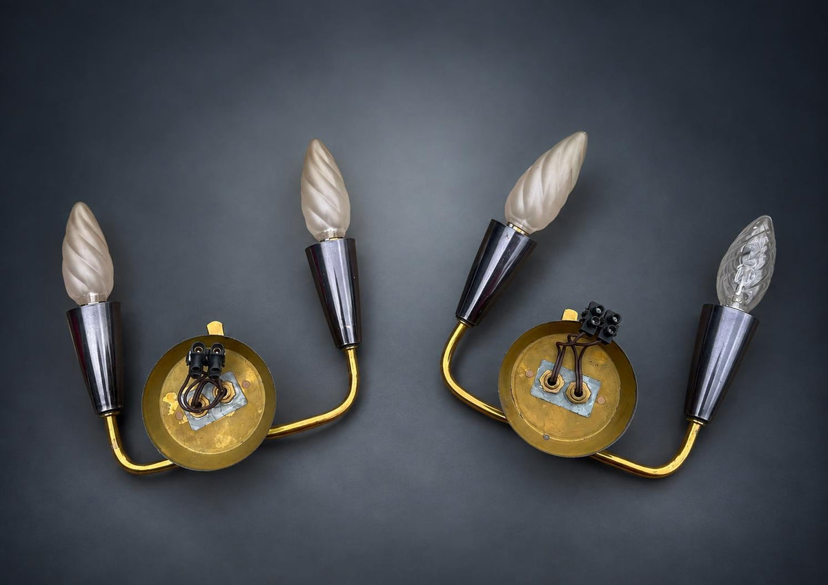 Pair of French Brass Wall Sconces, Two-Arm with Red Shades — France, Mid-20th Century