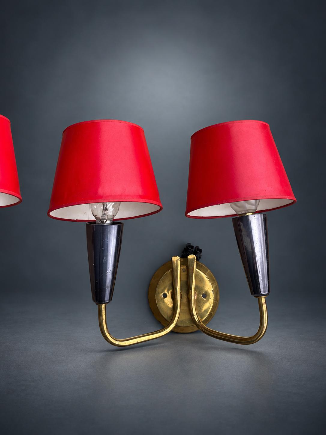 Pair of French Brass Wall Sconces, Two-Arm with Red Shades — France, Mid-20th Century