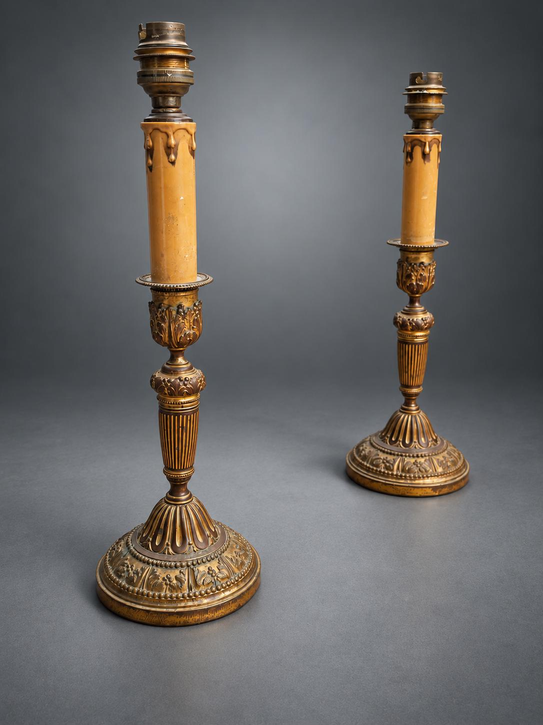 Pair of Antique Bronze Candlestick Table Lamps, Louis XVI Fluted Column — France, 19th Century