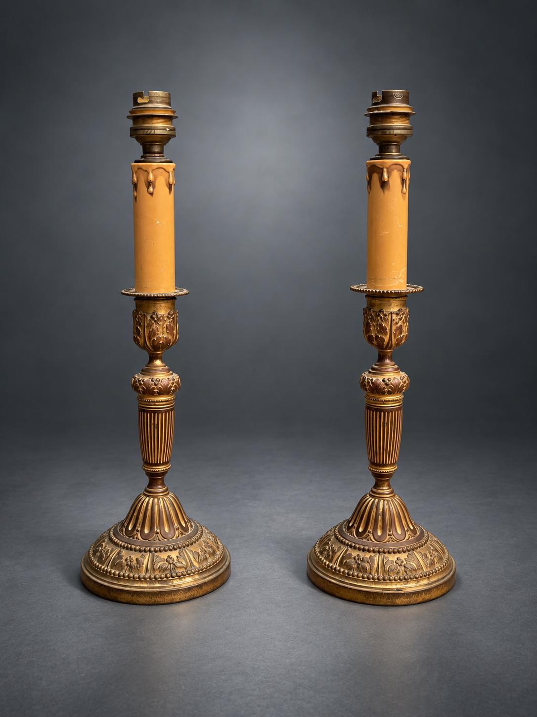 Pair of Antique Bronze Candlestick Table Lamps, Louis XVI Fluted Column — France, 19th Century