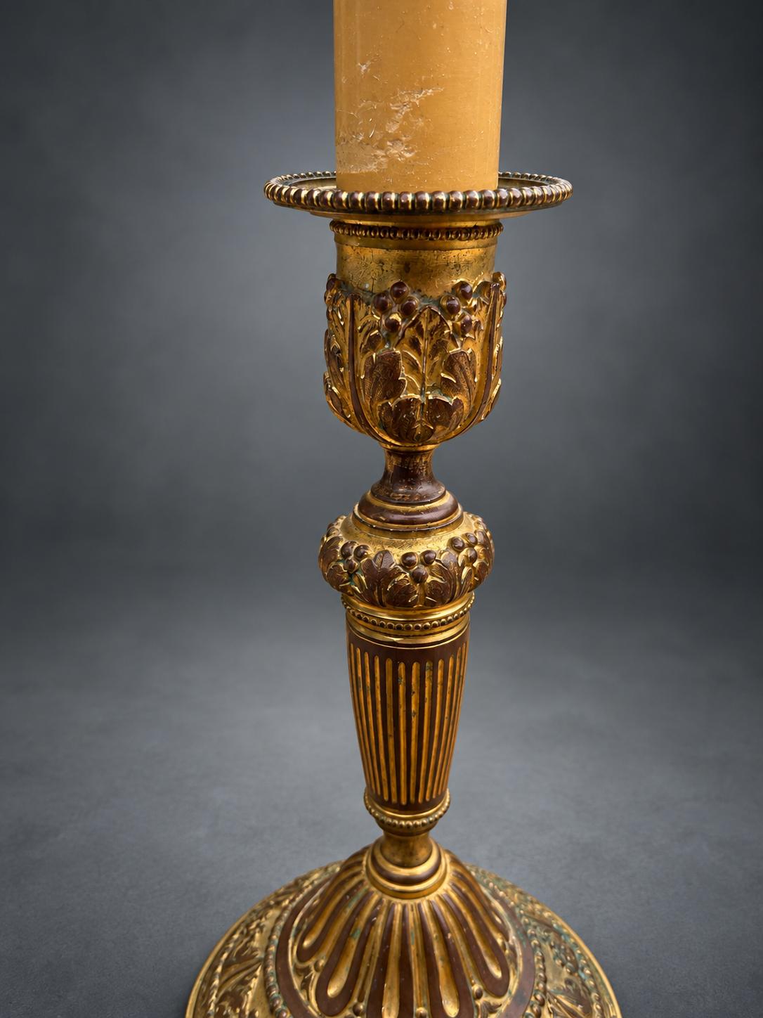 Pair of Antique Bronze Candlestick Table Lamps, Louis XVI Fluted Column — France, 19th Century