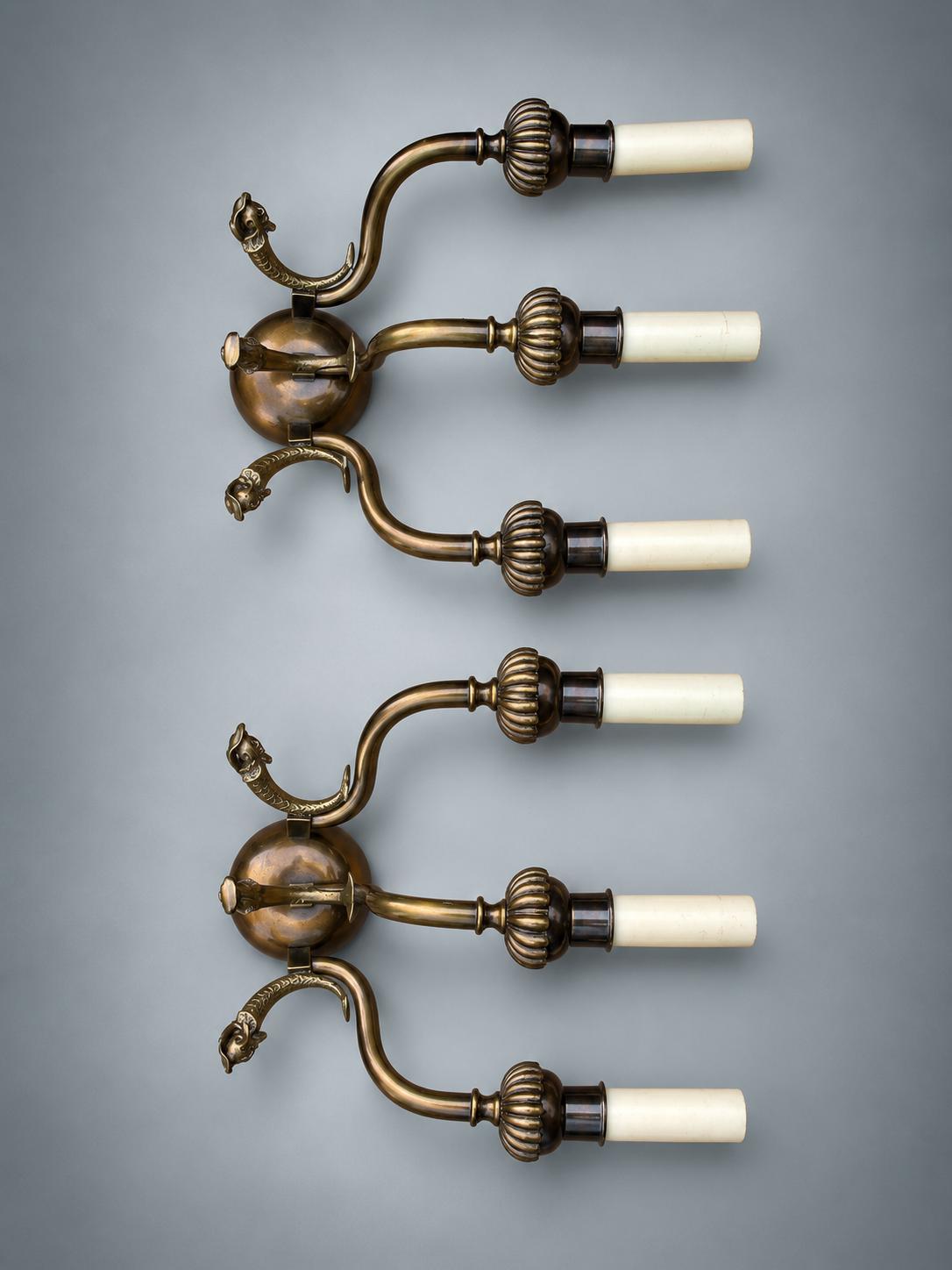 Pair of Antique Patinated Brass Wall Sconces, Dolphin Backplate Two-Arm — France, 19th Century