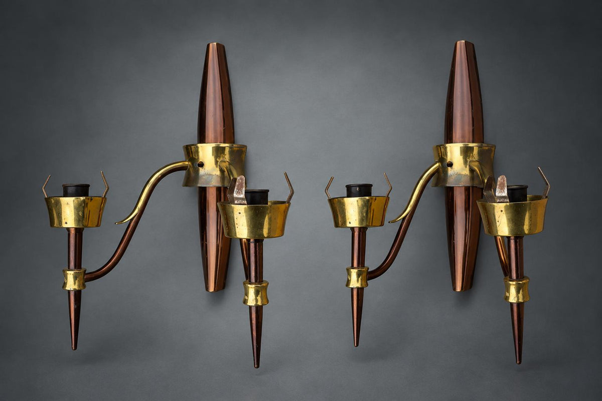 Pair of French Mid-Century Wall Sconces, Brass and Dark Lacquered Spindle, Two-Arm — France, circa 1950-1960