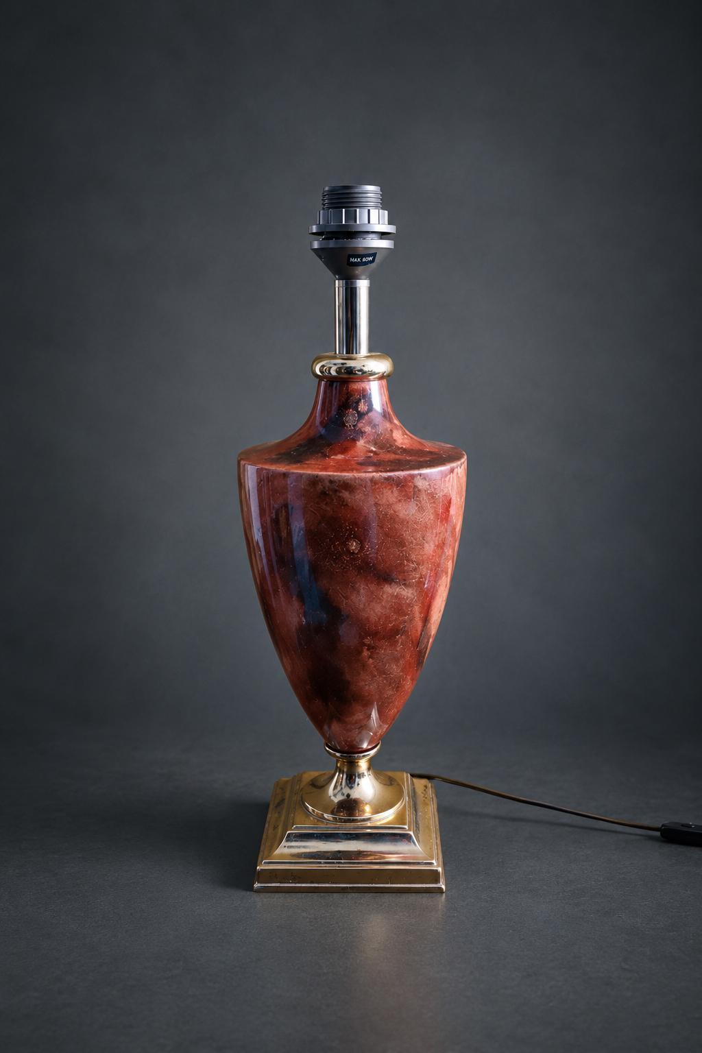 Vintage French Table Lamp, Maison Le Dauphin, Marbled Amber Resin Urn Body with Brass Fittings — France, 1970s