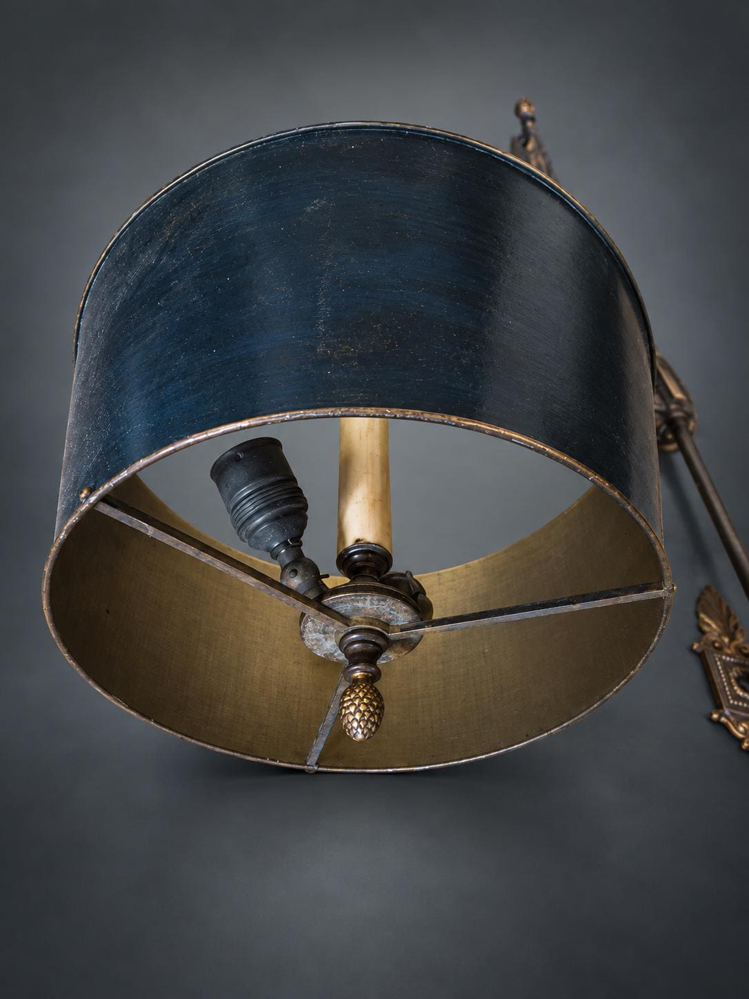 Vintage French Brass Library Wall Lamp with Scrolled Arm and Acanthus Finials — Tall Wall-Mount Sconce, 120 cm