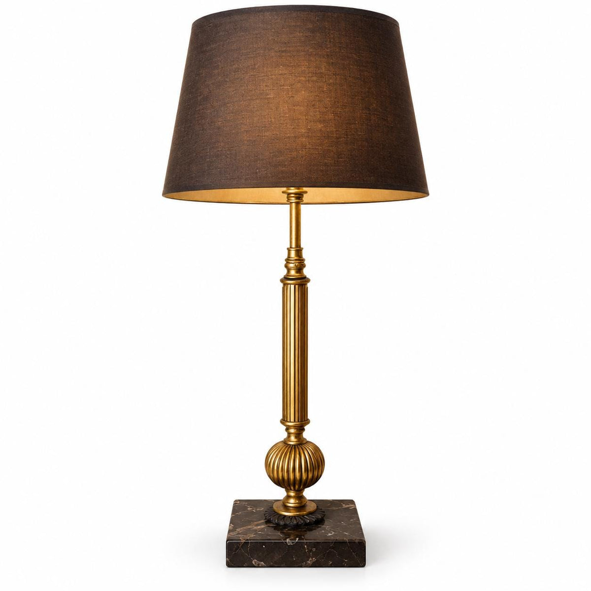 Fluted Gilt Metal Column Table Lamp on Dark Marble Base with Brown Fabric Shade
