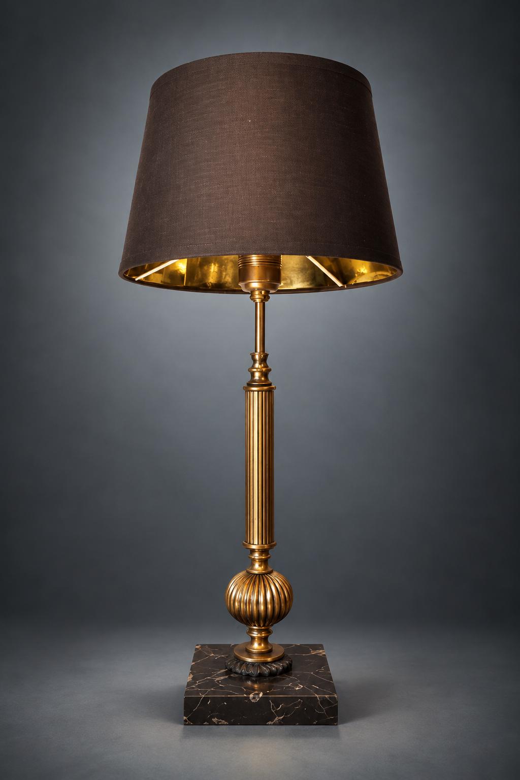 Fluted Gilt Metal Column Table Lamp on Dark Marble Base with Brown Fabric Shade