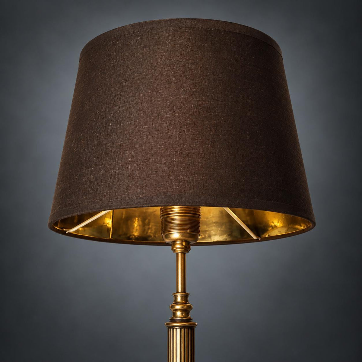 Fluted Gilt Metal Column Table Lamp on Dark Marble Base with Brown Fabric Shade