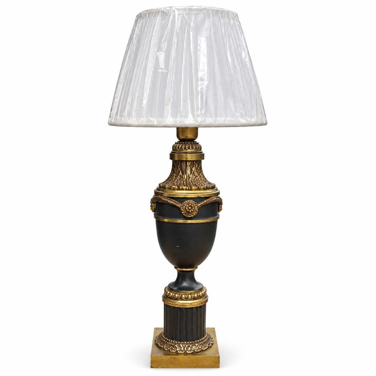 Brass Table Lamp with Navy Blue Painted Urn Body, Fluted Column Base, and Swag Detail