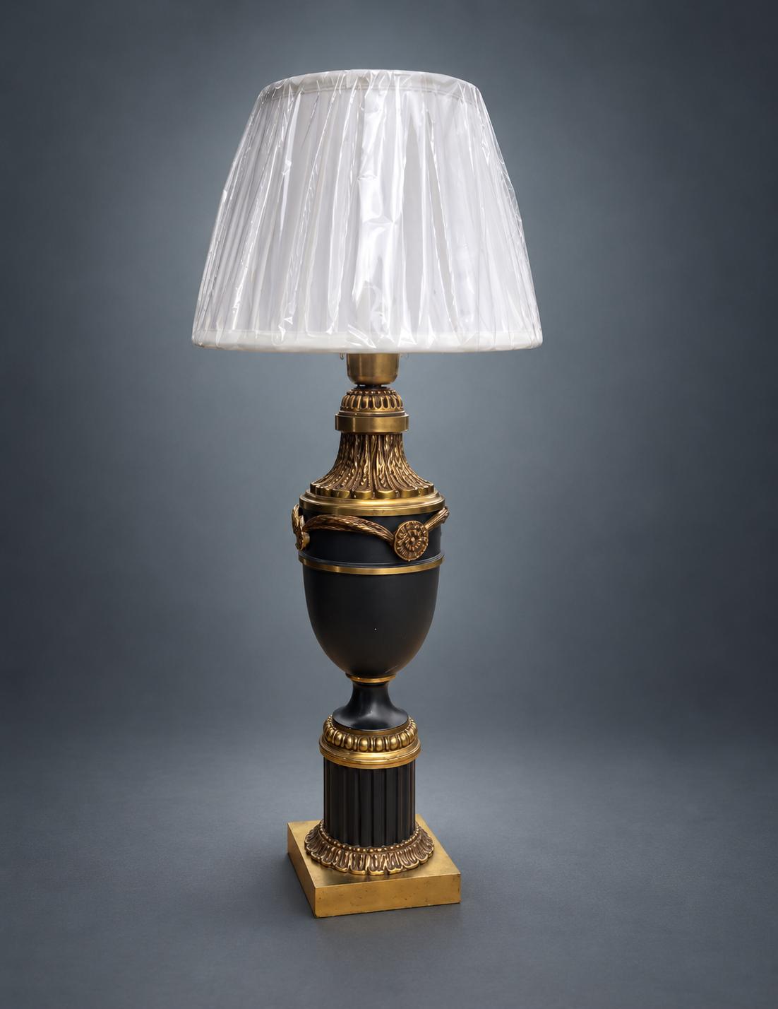 Brass Table Lamp with Navy Blue Painted Urn Body, Fluted Column Base, and Swag Detail