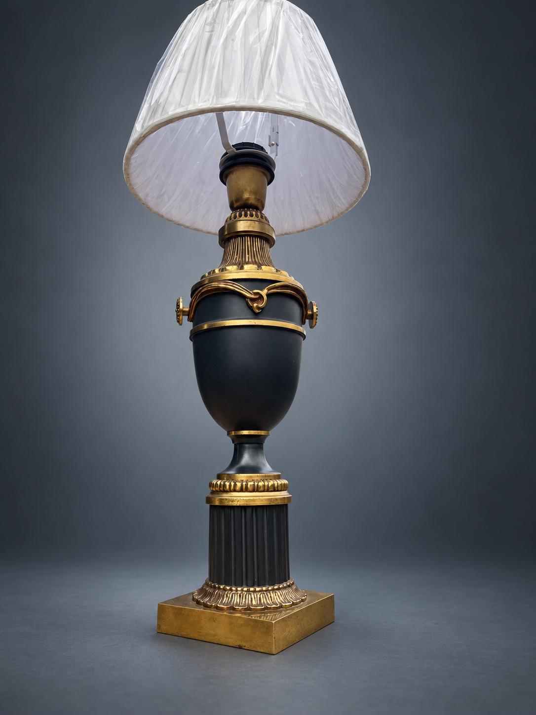 Brass Table Lamp with Navy Blue Painted Urn Body, Fluted Column Base, and Swag Detail