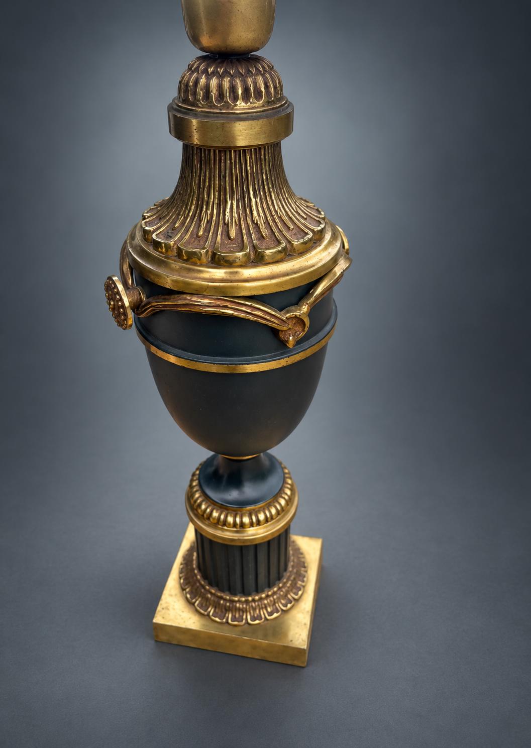 Brass Table Lamp with Navy Blue Painted Urn Body, Fluted Column Base, and Swag Detail