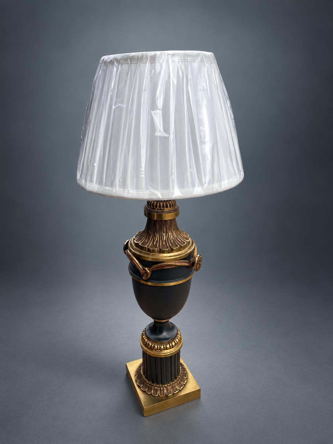 Brass Table Lamp with Navy Blue Painted Urn Body, Fluted Column Base, and Swag Detail