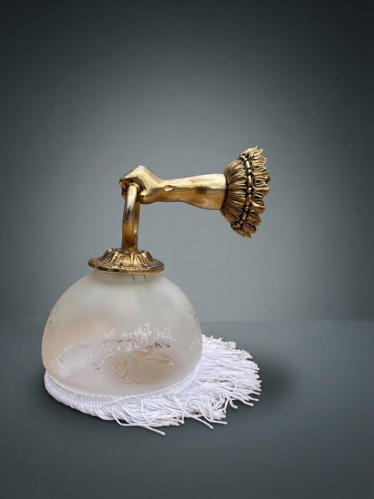 Brass Wall Lamp with Figural Hand Mount and Frosted Etched Glass Shade