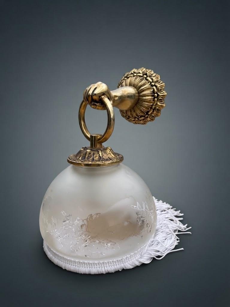 Brass Wall Lamp with Figural Hand Mount and Frosted Etched Glass Shade