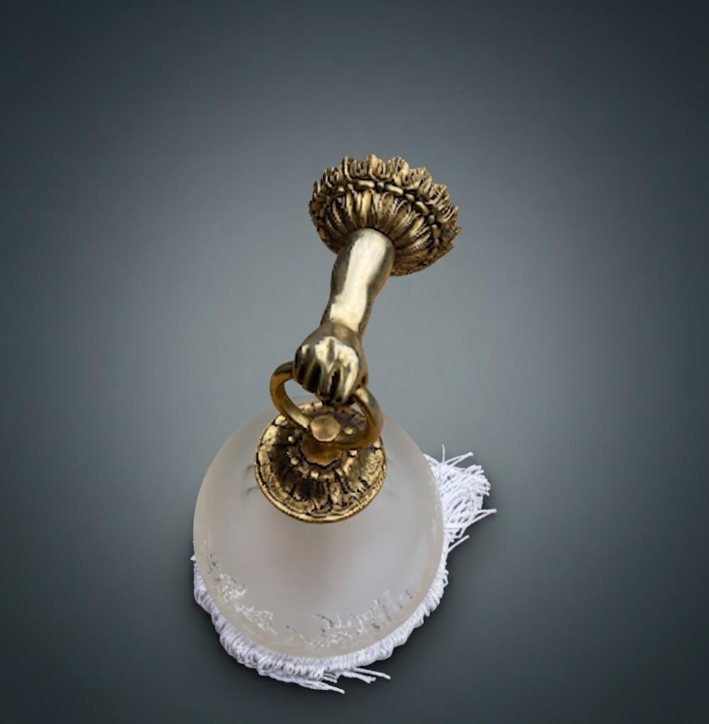 Brass Wall Lamp with Figural Hand Mount and Frosted Etched Glass Shade