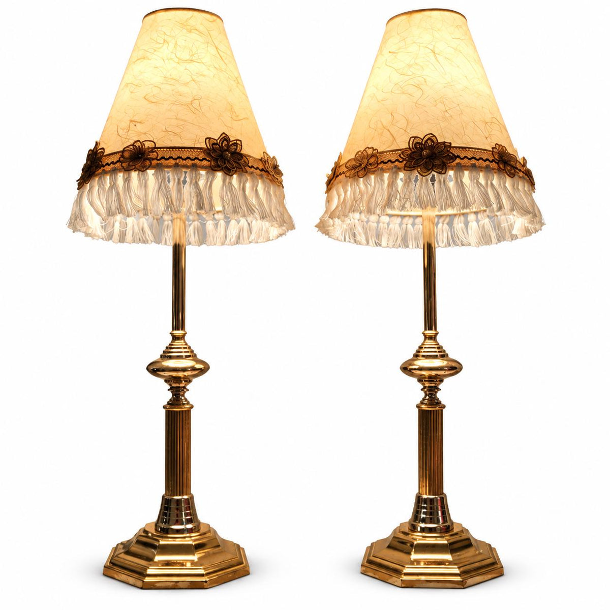 Pair of Column Table Lamps in Gold-Tone Metal with Fringed Shades