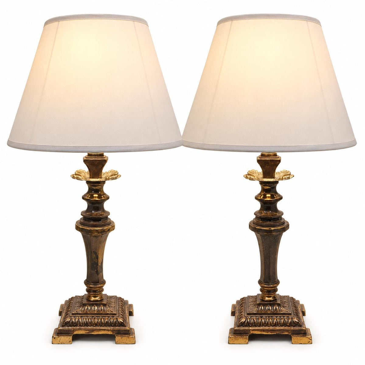 Pair of Vintage Candlestick Table Lamps with White Fabric Shades, 35 x 20 cm