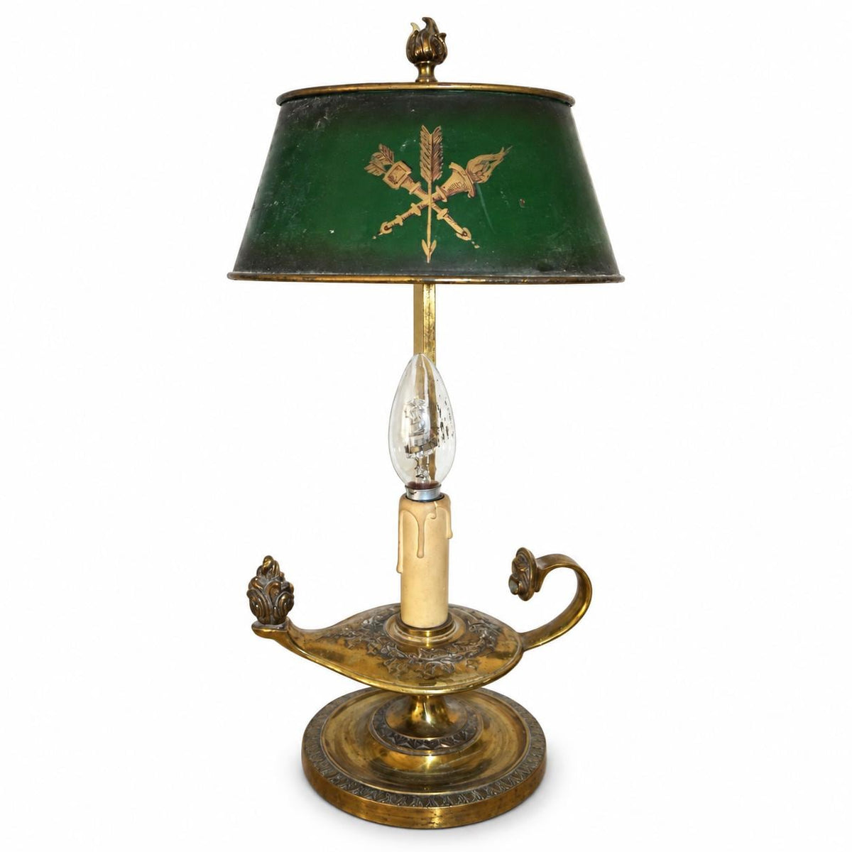 Gilt Metal Oil-Lamp Form Table Lamp, Green Tole Shade with Quiver and Torch Motif