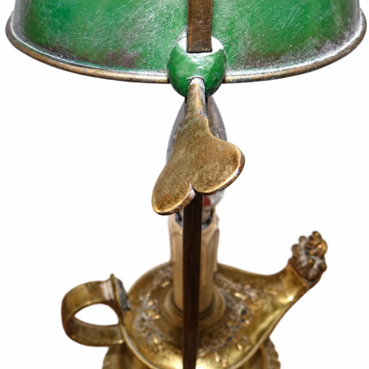 Gilt Metal Oil-Lamp Form Table Lamp, Green Tole Shade with Quiver and Torch Motif