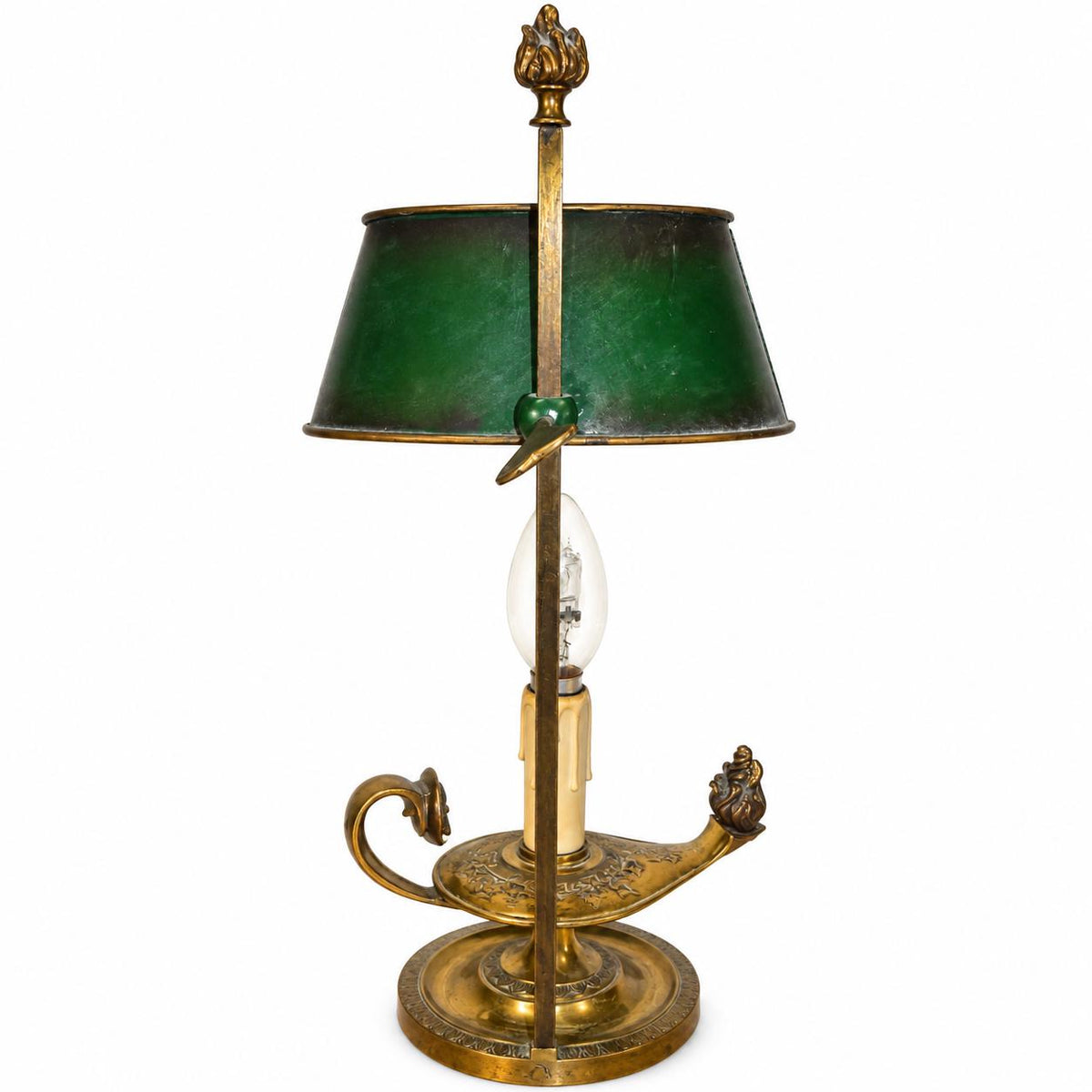 Gilt Metal Oil-Lamp Form Table Lamp, Green Tole Shade with Quiver and Torch Motif