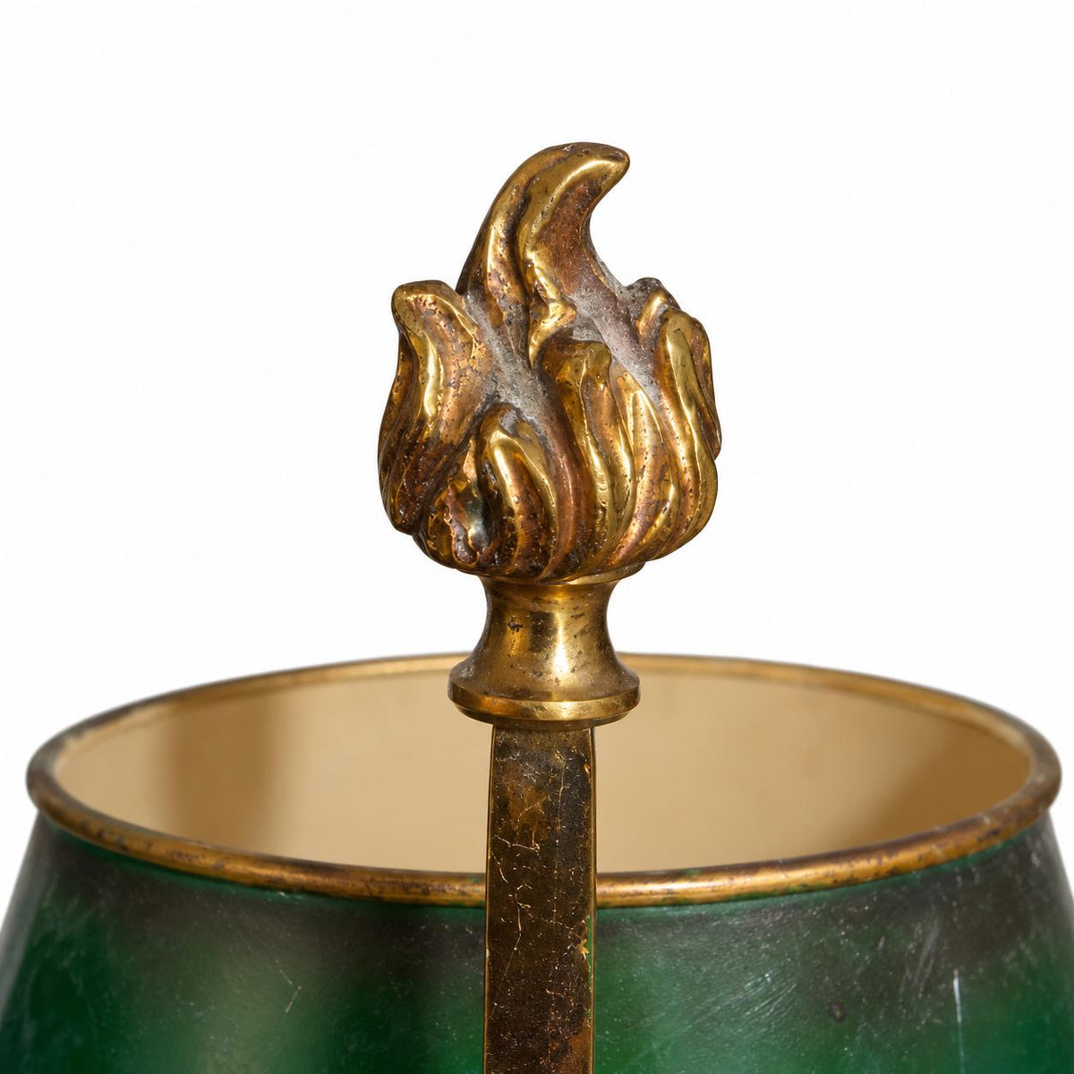 Gilt Metal Oil-Lamp Form Table Lamp, Green Tole Shade with Quiver and Torch Motif