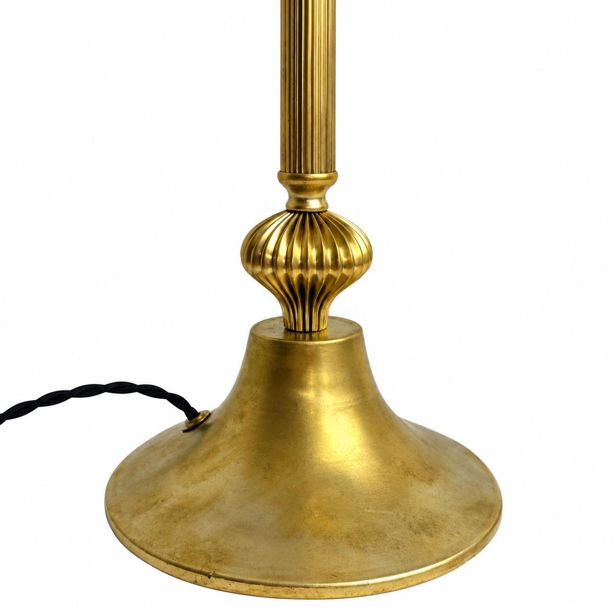 Gilt Brass Table Lamp, Ribbed Column, Mushroom-Form Glass Shade with Blue Frosted Band, 1960s