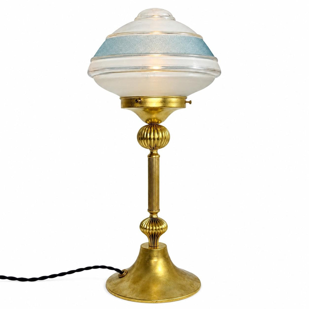 Gilt Brass Table Lamp, Ribbed Column, Mushroom-Form Glass Shade with Blue Frosted Band, 1960s